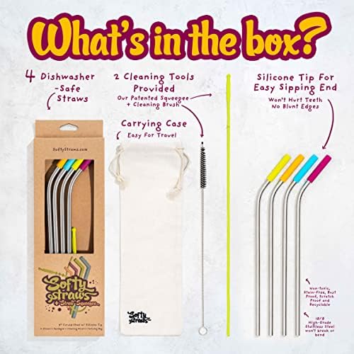 Softy Straws Premium Reusable Stainless Steel Drinking Straws With Silicone Tips + Patented Straw Cleaners and Carrying Case - 9” Long Metal With Curved Bend for 20/30/32oz Tumblers - Image 2