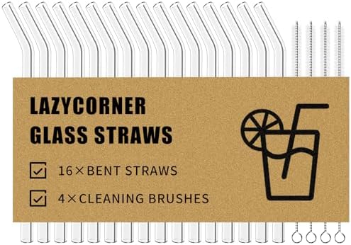 Lazycorner Reusable Glass Straws Set 16 Pcs 8.5''x 10MM Bent Clear Glass Drinking Straws, Set of 16 Bent with 4 Cleaning Brushes. Reusable Straws Perfect For Smoothies, Tea, Juice-Clear Cocktail. by Lazycorner