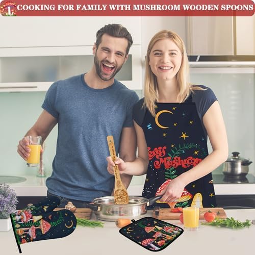 Mushroom Kitchen Decor Bamboo Cooking Spoon with Apron Oven Mitt Pot Holder Utensil Set -Mushroom Kitchen Accessories,Home Decorations Gifts for Women-Housewarming,Easter,Birthday Gift,8PCS - Image 2