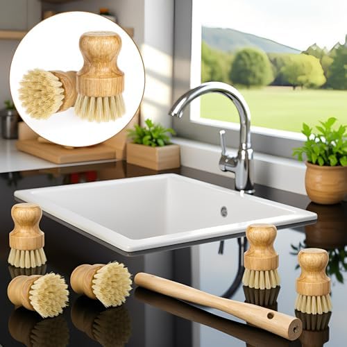 12 Packs Bamboo Dish Scrub Brush Wooden Washing Scrubbers with Sisal Bristles Kitchen Palm Pot Brush Round Mini Dish Brushes for Household Iron Pot Pan Sink Sink Vegetables Cleaning - Image 5