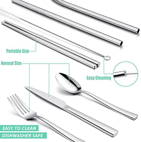 HaWare Portable Travel Utensils with Case, Stainless Steel Silverware Set for Camping Office School Lunch, Including Knife Fork Spoon Chopsticks, Reusable and Dishwasher Safe(Green) - Image 3