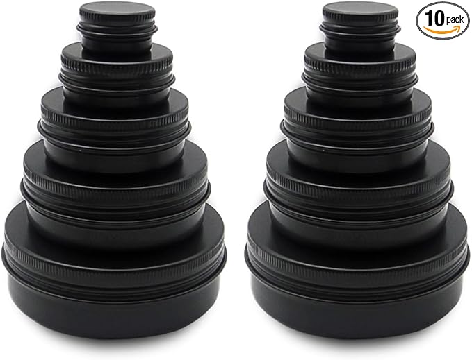 10pack Aluminum Tin Jars 60ml, 15ml Black Empty Container, 30ml Travel Makeup Tin 100g Pot, 2oz Refillable Small Cosmetic Cans for DIY Cream Sample Powder Candle Tea Paint Slime (mixed size)