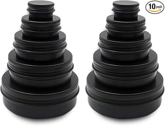 10pack Aluminum Tin Jars 60ml, 15ml Black Empty Container, 30ml Travel Makeup Tin 100g Pot, 2oz Refillable Small Cosmetic Cans for DIY Cream Sample Powder Candle Tea Paint Slime (mixed size)