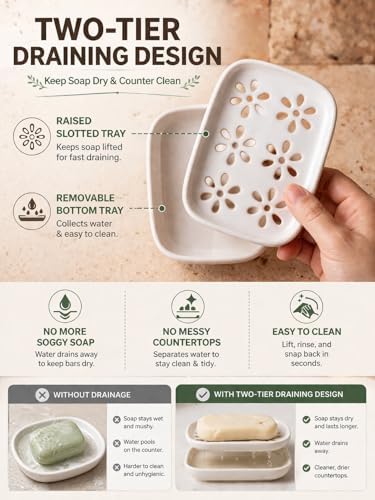 Miamolo Soap Dish for Shower with Drainage, Double Layer Bar Soap Holder, Ceramic Soap Saver Sponge Holder for Bathroom, Tub and Kitchen Sink, Slotted Draining Soap Dishes Extend Soap Life, Beige - Image 3