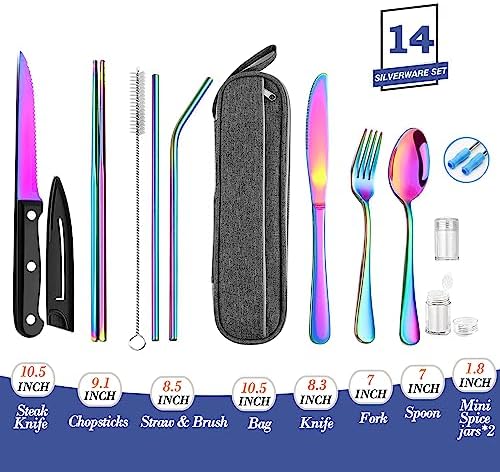Portable Reusable Travel Utensils Silverware With Case, Camping Cutlery Set, Chopsticks and Straw, Flatware With Case, Stainless Steel Rainbow Top - Image 2