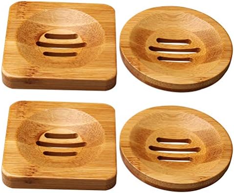 SUMAJU 4 Pcs Wooden Soap Holders Bathroom Soap Dish Natural Bamboo Soap Holder Square & Round Soap Dishes for Home Bathroom by SUMAJU