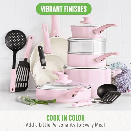 GreenLife Soft Grip Healthy Ceramic Nonstick 18 Piece Kitchen Cookware Pots and Frying Sauce Saute Pans Set, PFAS-Free with Kitchen Utensils and Lid, Dishwasher Safe, Soft Pink - Image 5