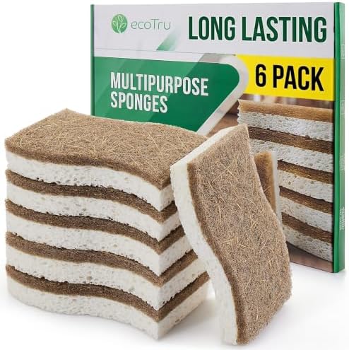 6 Pack Washing Up Sponges, Eco Kitchen Dish Cleaning Sponges, Biodegradable & Compostable Natural Cellulose Sponge with Coconut Fibre Scrubber, Non Scratch Heavy Duty Scouring Pad by ecoTru