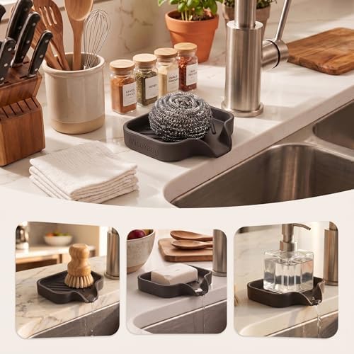 MicoYang Silicone Soap Dish with Drain Spout, Self-Draining Sink Organizer Tray for Bathroom and Kitchen, Sponges, Dispensers and Soap Holder, Non-Slip and Dishwasher Safe, Coffee (Compact, 4.9"×3.2") - Image 3