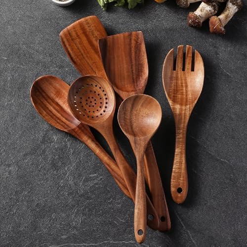 6-Piece Natural Teak Wooden Utensils Set, Wooden Spoons Set for Cooking - Heat Resistant, Natural Healthy Spatula Set with Hanging Holes - Durable, Scratch-Free & Handcrafted - Image 3