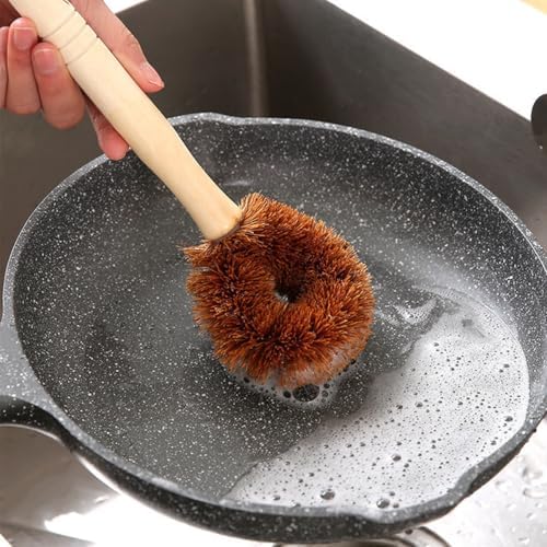 3Pcs Natural Coconut Fiber Brush Coconut Dish Scrubber Wooden Cleaning Brush with Handle for Kitchen - Image 2