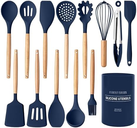 Country Kitchen Non Stick Silicone Utensil Set with Rounded Wood Handles for Cooking and Baking, 14 Piece Set, Navy by CountryKitchen
