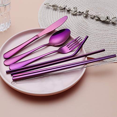 8-Piece Portable Stainless Steel Flatware Set, Travel Camping Cutlery Set with Purple Waterproof Case - Image 3