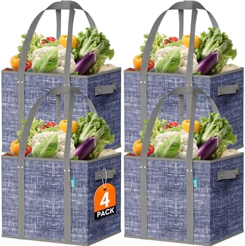 Fab totes Reusable Grocery Bags, Large Foldable Shopping Tote Bags with Reinforced Handles & Hard Bottom,4 Pack,Blue by Fabtotes