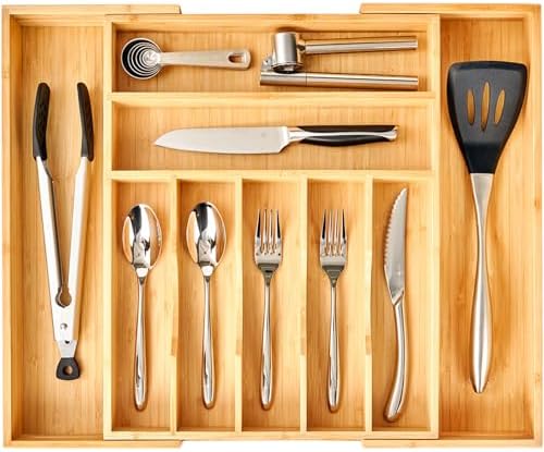 Umilife Large Expandable Kitchen Silverware Utensils Drawer Organizer, 2.5" Extra High Adjustable Drawer Divider with Curved Grooves, Bamboo Wood Cutlery Tray Flatware Holder by Umilife