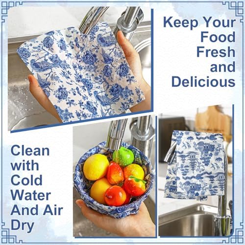 Tigeen 9 Pcs Reusable Beeswax Wrap for Food, Blue Chinoiserie Beeswax Paper - Image 6