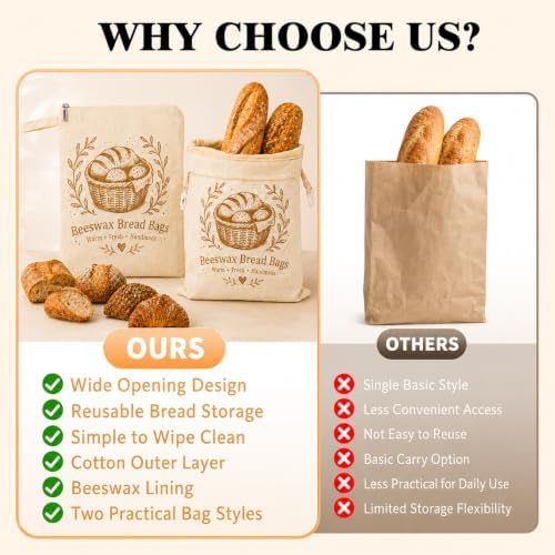 2 Pack Beeswax Bread Bags for Homemade Bread, XL Reusable Cotton Sourdough Bread Bags with Buckle Zipper & L-Shaped Zipper, Natural Beeswax Lined Bread Storage Bags for Loaves, Baguette, Freezer Safe - Image 4