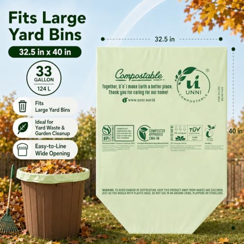 UNNI 30-33 Gallon Compostable Bags, 40 Count, 124 L, Extra Thick 1.1 Mil - Image 3