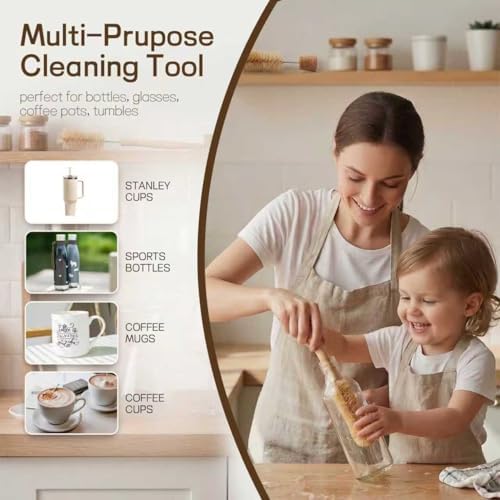 Wooden Bottle Brush - L-Shape Long Handle Cup Scrubber for Water Bottles, Decanters & Glassware - Beech Wood Kitchen Cleaning Tool (Multipack) (4) - Image 3