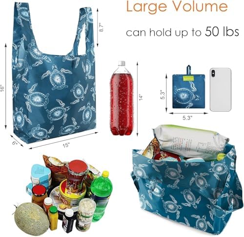 BeeGreen Animals Reusable Grocery Bags Turtle Peguins Flamingo Octopus Reusable Kitchen Bags Bulk Foldable-Machine Washable with Zipper Storage Pouch 6 Packs - Image 2