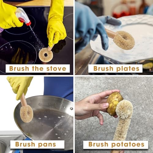 2PCS Coconut Brush Fiber Bottle Wooden Cleaning Brush, Scrub Head for Deep Pan Cleaning Washing, Sturdy Eco-Friendly with Natural Wood Handle Holder, Bristle Scrubber Set for Kitchen Dishes Vegetable - Image 4