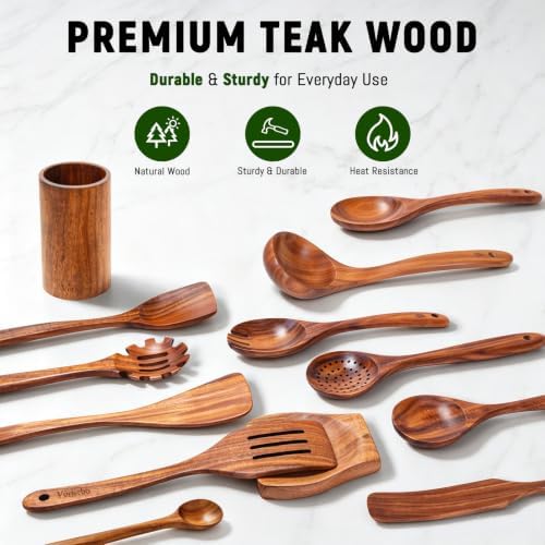 17 Piece Wooden Kitchen Utensils Set, Natural Teak Wooden Utensils Set, Handmade Wood Cooking Utensils with Holder and Spoon, Durable Nonstick, Comfort Grip Wood Cookware Tool - Image 5