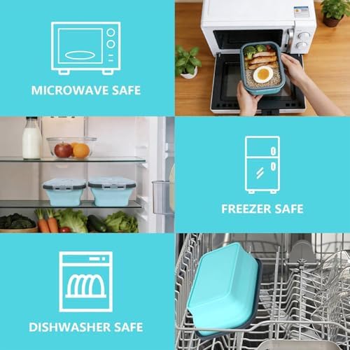 Collapsible Silicone Food Storage Containers Set, 4PCS Foldable Lunch Boxes with Lids & Air Vent, 27oz Multifunctional Travel Food Containers, Bento Boxes, Blue - Image 5