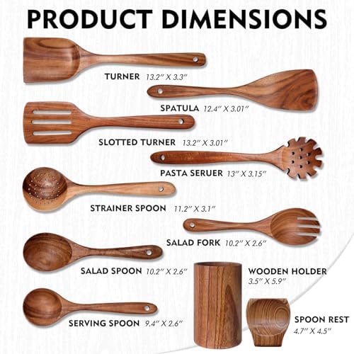 Wooden Spoons for Cooking 10 Pieces Set, Kitchen Utensils Spatula, Wooden Cooking Utensils Spoons, with Spoon Rest, Strainer Spoon, Pasta server, Fried Spatula and Salad Fork, Utensil Holder - Image 3