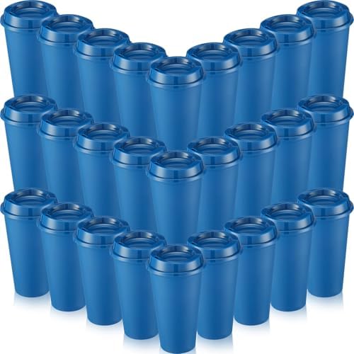 Honeydak 30 Pack 16 oz Reusable Coffee Cups with Lids Water Bottle Iced Coffee Travel Mug Portable Plastic Tea Tumblers Bulk for Hot and Cold Drinks Birthdays Party (Dark Blue,Classic) by Honeydak