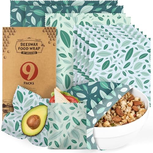 Akeeko Reusable Beeswax Food Wraps - Assorted 9 Packs, Reusable, Plastic-Free Food Storage, 5 Small, 2 Medium, 1 Large, 1 Extra Large Wraps with Boho Leaves Pattern by Akeeko