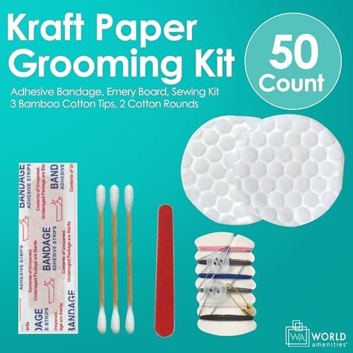 World Amenities Kraft Paper Grooming Kit - Travel Size Toiletries - Cotton Rounds, Bamboo Cotton Tips, Sewing Kit, Emery Board (50 Pack) - Image 6