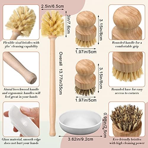 10 Pieces Wooden Dish Brush Set Bamboo Dish Brush Wood Bottle Brush with Replacement Heads for Dishes, Wide Mouth Bottles, Cups and Jars - Image 2