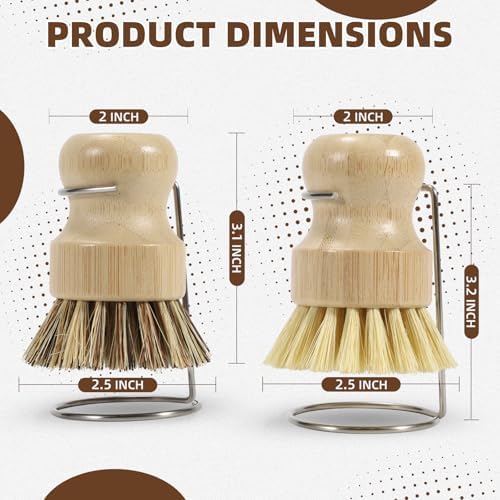 SAMEBUTECO 6-Piece Bamboo Dish Brush Set with 2X Fast-Dry Stainless Steel Holder,3xNatural Sisal Bristle Brush & 1xPalm Bristle Kitchen Cleaning Brushes for Dishes, Pots, Pans & Sink - Image 5