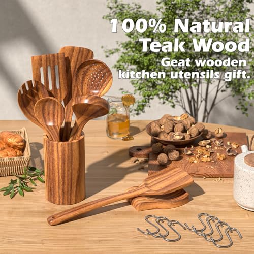 Wooden Spoons for Cooking, 10 Pcs Teak Wood Utensil Set for Nonstick - Image 3