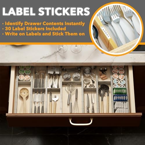 SpaceAid Bamboo Drawer Dividers with Inserts and Labels, Kitchen Adjustable Drawer Organizers, Expandable Organization for Home, Office, Dressers, 10 Dividers with 24 Inserts (17"-22" Gray) - Image 3