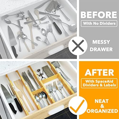 SpaceAid Bamboo Drawer Dividers with Inserts and Labels, Kitchen Adjustable Drawer Organizers, Expandable Organization for Home, Office, Dressers and Bathroom, 6 Dividers with 12 Inserts (13.25-17 in) - Image 3