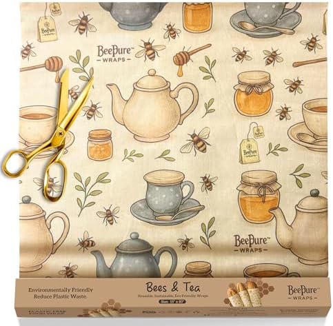 Reusable Beeswax Food Wrap Roll - Cut-to-Size 15 x 80 in, Eco-Friendly Food Storage Wrap, Bees & Tea Teapot Honey Jar Design by Unknown