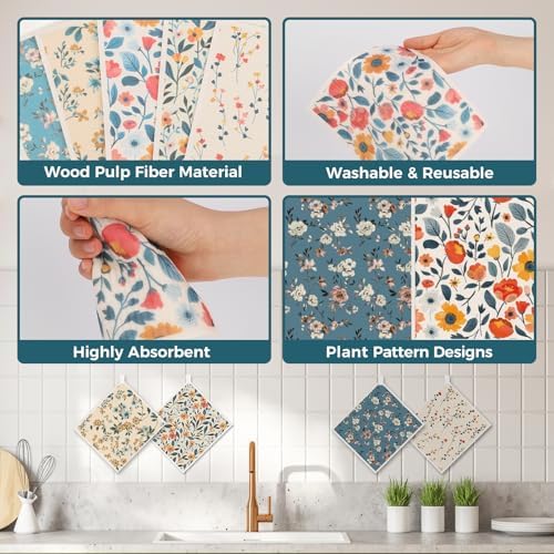 wlich 10 Pack Swedish Dishcloths, Reusable Kitchen Towels with Clips, Plant - Image 4