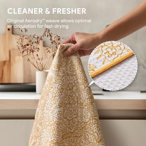 RECYCO Waffle Kitchen Towel Set of 2 - Quick Dry Microfiber Sustainable Dish Towels - Ultra Absorbent Reusable Cleaning Tea Towels - Lightweight Hand Towels,16”x 28”, Marigold Mosaic - Image 4