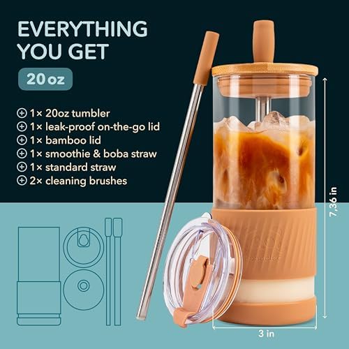 Pandaloo® Glass Cups With Lids and Straws -20 Fl Oz- Perfect Size Iced Coffee Cup - Smoothie Cup With Bamboo Lid and On the go Lid - Glass Tumbler With Straw (1 Count (Pack of 1), Amber Sand) - Image 2