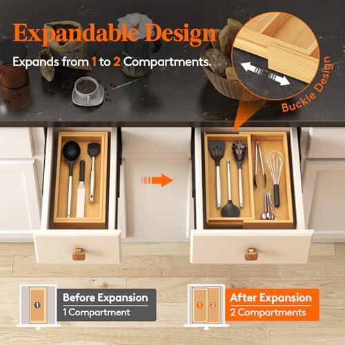 Lifewit Bamboo Utensil Organizer for Kitchen Drawer, Cooking Utensil Tray - Image 5