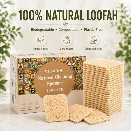 Natural Loofah Dish Sponge, 100 Count Plant-Based Kitchen Cleaning Pads, Biodegradable Compostable Scouring Pads for Dishes, Pots, Pans and Sink, 2.75 x 2.75 Inch - Image 7