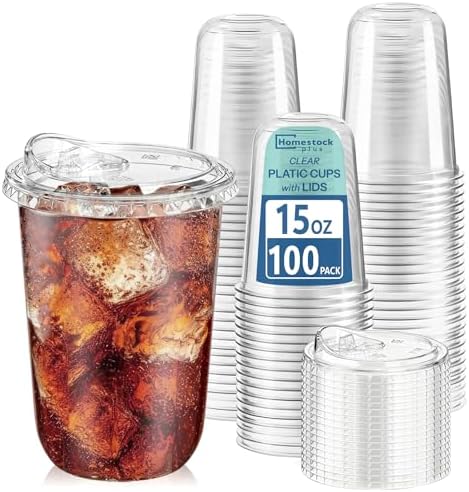 Homestockplus 15 oz Clear Plastic Cups with Lids (100 Pack) - Strawless Sip Lids, Leak-Proof & BPA-Free Iced Coffee Cups - Disposable Cold Drink Cups for Smoothies, Milkshake, Parties, Events by Homestockplus