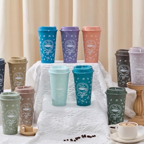 12 Sets Reusable Coffee Cups with Lids, 16oz, Light Morandi - Image 4