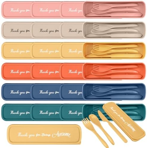 24 Pack Reusable Travel Utensils Set Case Thank You for Being Awesome Appreciation Gifts Bulk for Employee Coworker Student Portable Lunch Utensils Wheat Straw Fork Spoon Knife for Picnic(Light Color) by Acellegic