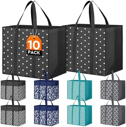 10 Pack Reusable Grocery Bags Waterproof Tote Bags for Shopping Groceries by Fabtotes