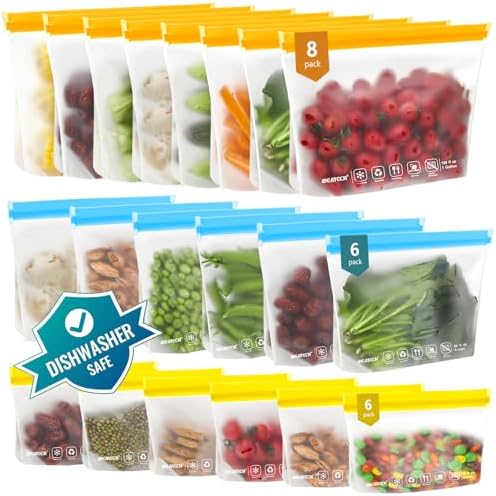 IDEATECH 20Pack Reusable Bags Dishwasher Safe, Leakproof Reusable Freezer Bags, BPA Free Healthy Food Storage Contaizers Sandwich Snack Baggies for Lunch Travel(8 Gallon 6 Quart 6 Snack,Colored) by IDEATECH