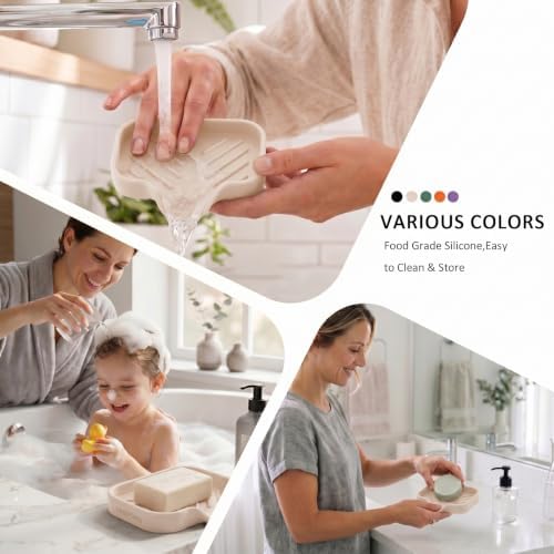 MicoYang Silicone Soap Dish with Drain Spout, Self-Draining Sink Organizer Tray for Bathroom and Kitchen, Sponges, Dispensers and Soap Holder, Non-Slip & Dishwasher Safe, Tapioca (Compact, 4.9"×3.2") - Image 4