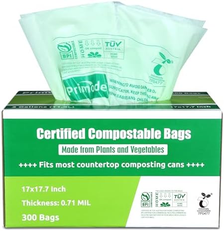 Compostable Trash Bags, Food Scraps Yard Waste Bags,Extra Thick 0.71 Mil. ASTMD6400 Compost Bags Small Kitchen Bin Bags, Certified By BPI and TÜV AUSTRIA (3 Gallon) by Primode