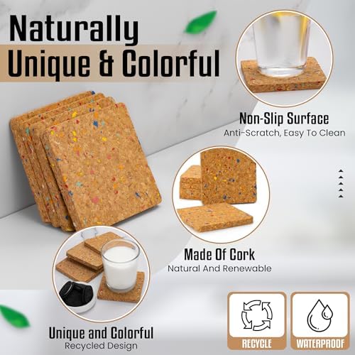 Bleeker & Rowe Recycled Cork Coasters, Set of 6, 4x4 inches, Non-Slip, Absorbent - Image 2
